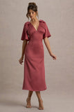 Danna Rose Pink Satin V-Neck Short-Sleeve Midi Dress