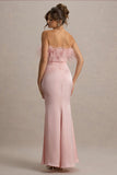 Dress For It Pale Pink Satin Feather Trim Bandeau Maxi Dress