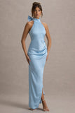 Maureen Powder Blue Satin High-Neck Draped Maxi Dress