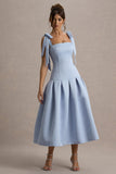 Alberta Powder Blue Satin Midi Dress With Bow Straps