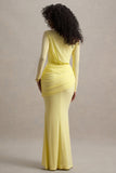 Deanna Lemon Asymmetric Long-Sleeve Ruched Maxi Dress