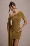 Alessio Mustard One-Shoulder Mini Dress With Drape