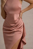 Maureen Pink Satin High-Neck Draped Maxi Dress