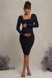 New Life Navy Maternity Square Neck Ruched Midi Dress