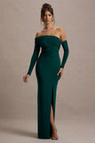 Stand Out Bottle Green Bardot Long Sleeve Ruched Maxi With Side Split