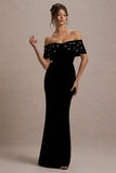 West End Black Velvet Embellished Bardot Maxi Dress
