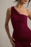 Dorit Burgundy One Shoulder Asymmetric Ruched Midi Dress