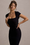 Lorenzie Black Square-Neck Short-Sleeve Twist Midi Dress