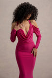Hurghada Hot Pink Plunge-Neck Long-Sleeve Maxi Dress