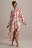 Delphia Pink Porcelain Print High-Neck Maxi Dress With High-Low Hem