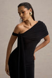 Vallea Black One-Shoulder Draped Midi Dress