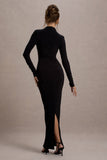 Hespera Black High-Neck Long-Sleeve Gathered Maxi Dress