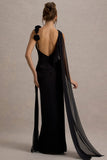 Angeline Black Chiffon Draped Split Maxi Dress With Corsages