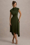 Velma Olive Satin Midi Dress With Draped Hem