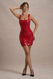 Vegas Red Sequin Square-Neck Mini Dress