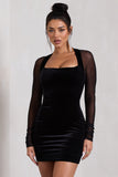 Off-Piste Black Velvet Bodycon Mini Dress With Sheer Sleeves