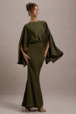 Zuzanna Khaki Draped Maxi Dress With Cape Sleeves