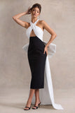Blanca Black & White Halter-Neck Cut-Out Midi Dress With Oversized Bow