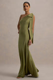 Here For Love Khaki Satin Asymmetric Maxi Dress With Bow