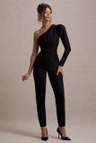 San Jose Black One-Shoulder Puff-Sleeve Jumpsuit