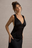Beck Black Satin Plunge-Neck Cross-Back Midi Dress