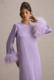 Adella Lilac Satin Feather-Trim Maxi Dress