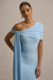 Vallea Powder Blue One-Shoulder Draped Midi Dress