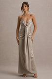 Mackenzie Champagne Satin Plunge-Neck Draped Maxi Dress
