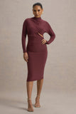 Pandora Burgundy Long-Sleeve Midi Dress With Cut-Out