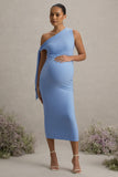 Katarine Powder Blue Asymmetric Knot Maternity Midi Dress