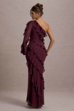 Lalika Burgundy Asymmetric One-Sleeve Ruffle Maxi Dress