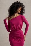 Deanna Hot Pink Asymmetric Long-Sleeve Ruched Maxi Dress