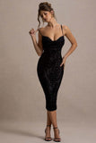 Whitney Black Velvet Floral Strappy Sweetheart Midi Dress