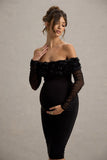 Adita Black Mesh Floral Bardot Maternity Midi Dress