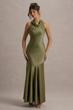 Amelita Khaki Satin Cowl-Neck Maxi Dress