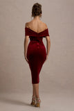 Snowflake Berry Velvet Bardot Bow Detail Midi Dress