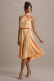 Palonia Peach Satin High-Neck Split Midi Dress