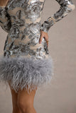 Wynter Silver Sequin Long-Sleeve Feather-Trim Mini Dress