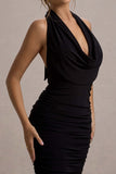Coda Black Ruched Plunge-Neck Midi Dress