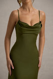 Eimear Olive Green Satin Draped Sweetheart Maxi Dress