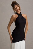 Khai Black & White Halter-Neck Maxi Dress With Plisse Skirt
