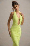 Anaisa Lime Green Plunge Halter-Neck Midi Dress