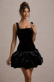 Sutton Black Velvet Square-Neck Ruffle-Hem Mini Dress
