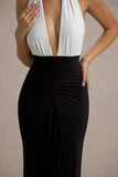 Payton Black & White Ruched Halter-Neck Maxi Dress