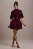 Alva Burgundy High-Neck Short-Sleeve Mini Dress With Volume Skirt