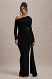Valina Black Ruched Asymmetric Maxi Dress With Drape