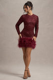 Claudia Berry Sequin High Neck Feather Hem Mini Dress With Long Sleeves