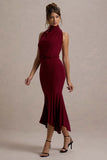 Prianyka Berry High-Neck Draped Midi Dress
