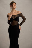 Cover Star Black Mesh Bardot Long-Sleeve Draped Maxi Dress