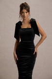 Tarna Black Velvet Midi Dress With Bow Straps